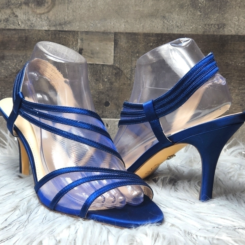 New Nina New York Blue Ribbon Mesh Strap Wrap Around Heels Size 9.5